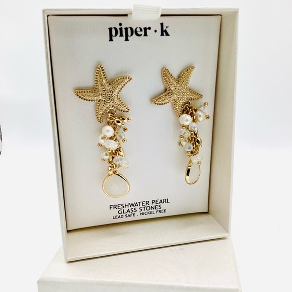 Piper K Gold Starfish Pearl Drop Earrings - Picture 4 of 5